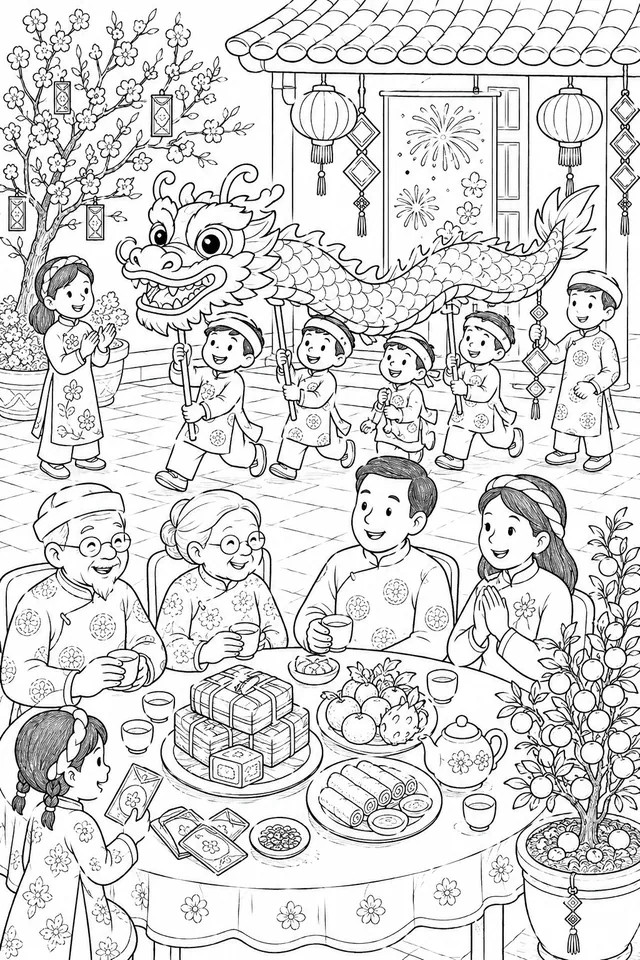 Vietnamesische Großfamilie feiert gemeinsam das Tet-Neujahrsfest mit Drachen und Lichtern