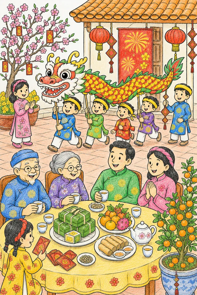 Vietnamesische Großfamilie in Ao Dai feiert Tet mit Drachentanz und festlichem Tisch