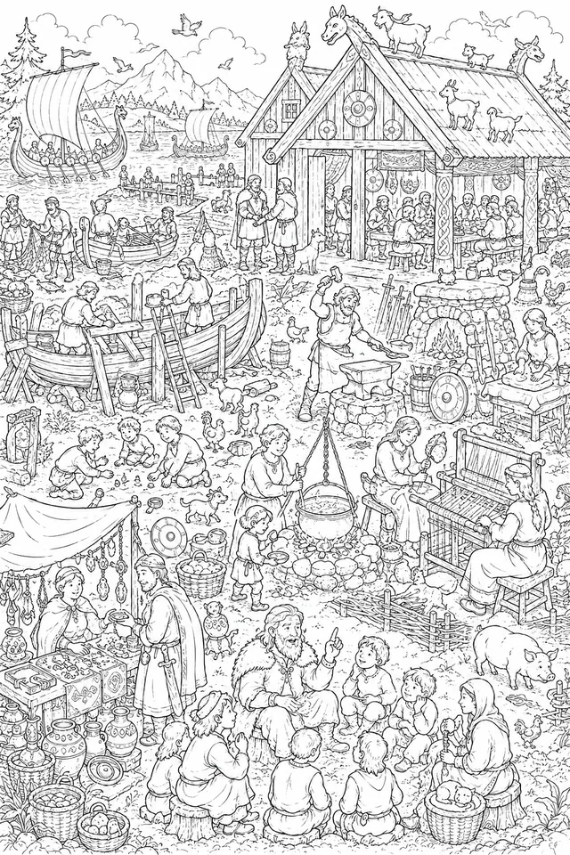 Wimmelbild: Ein lebendiger Wikinger-Dorf-Tag mit vielen kleinen Szenen