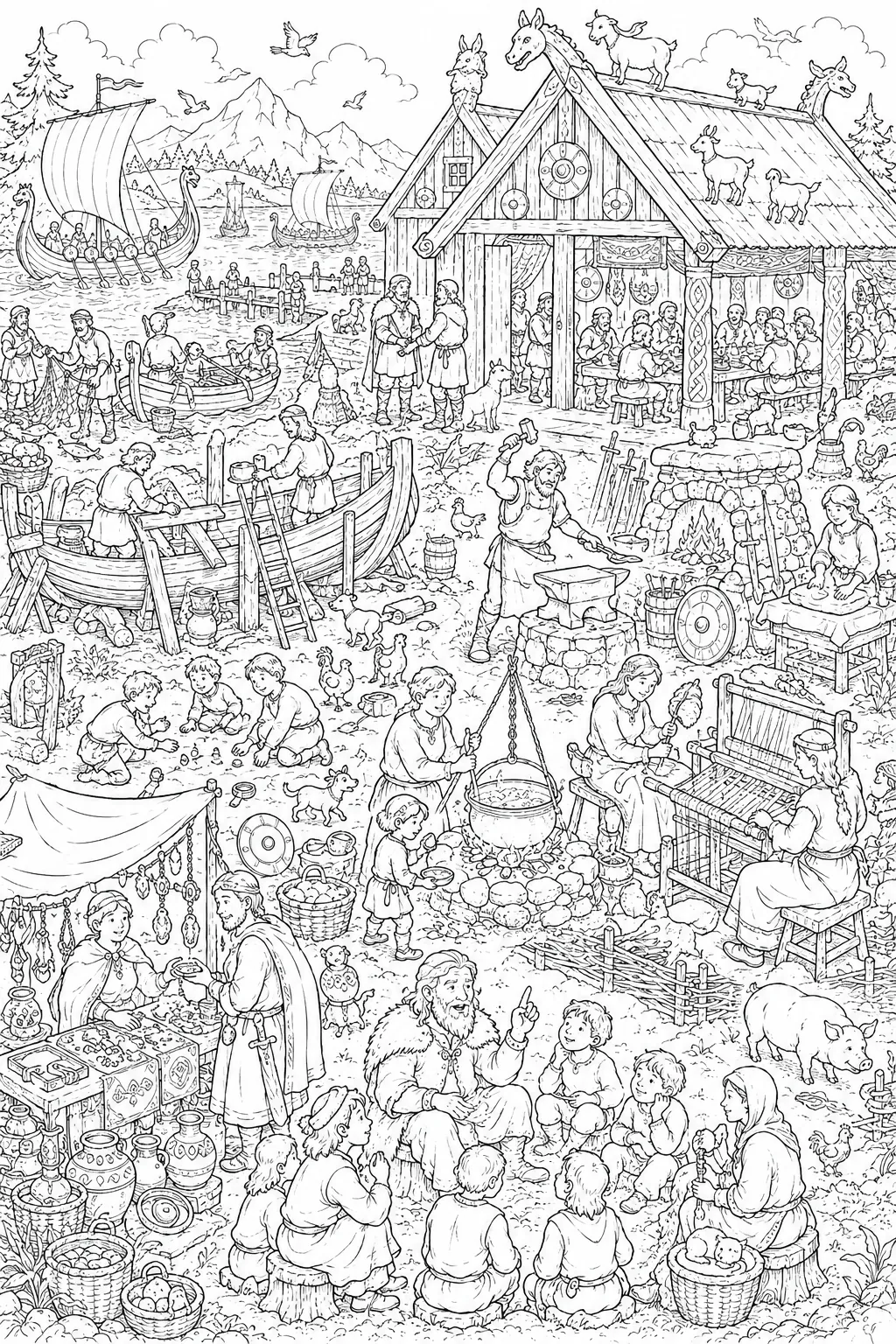 Ausmalbild: Wimmelbild eines lebendigen Wikinger-Dorfes mit vielen kleinen Alltagsszenen