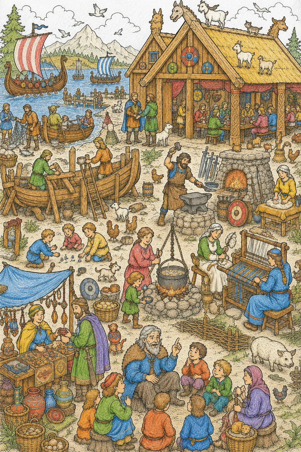 Wimmelbild: Ein lebendiger Wikinger-Dorf-Tag mit vielen kleinen Szenen