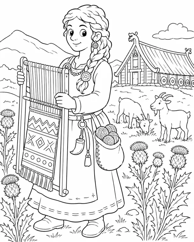 Die Wikingerin auf dem Feld mit Disteln und ihrem Webrahmen