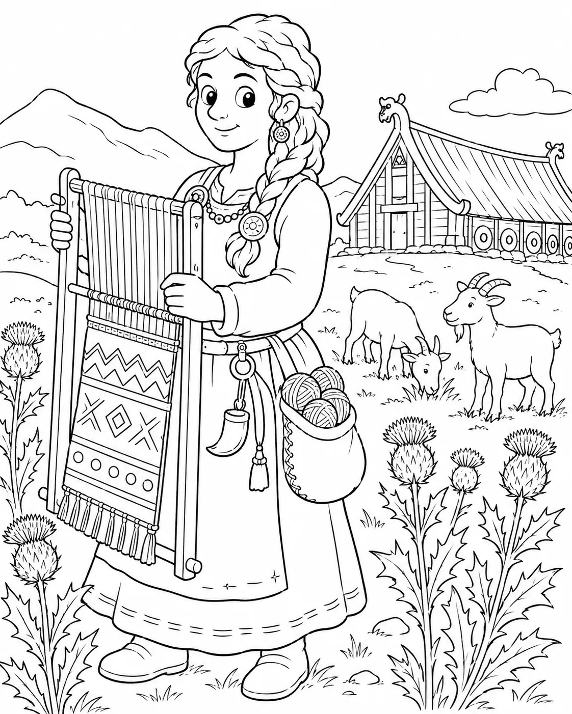 Ausmalbild: Wikingerin steht mit einem Webrahmen auf einem Feld mit lila Disteln