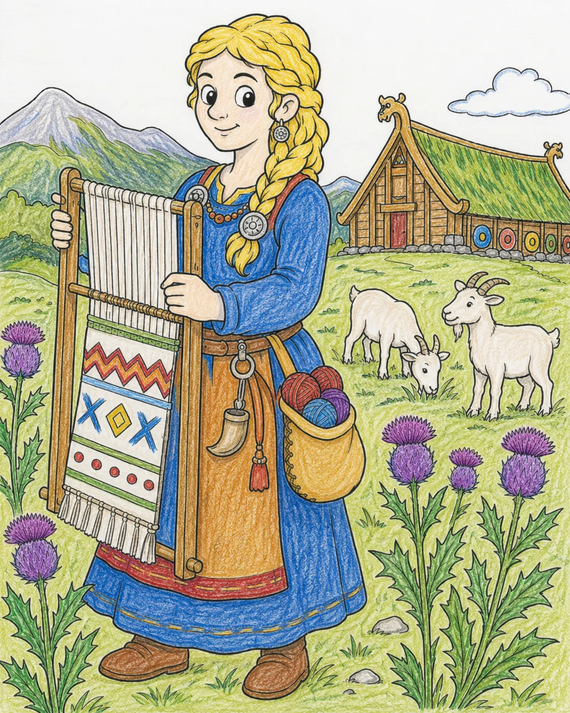 Die Wikingerin auf dem Feld mit Disteln und ihrem Webrahmen