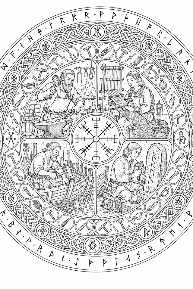 Viking Craft Mandala: Blacksmith, Weaver, Shipbuilder and Their Tools