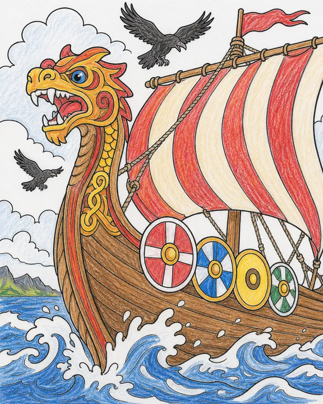 Ausmalbild: Prachtvoller Drachenbug eines Wikinger-Langschiffs schneidet durch die Nordsee-Wellen