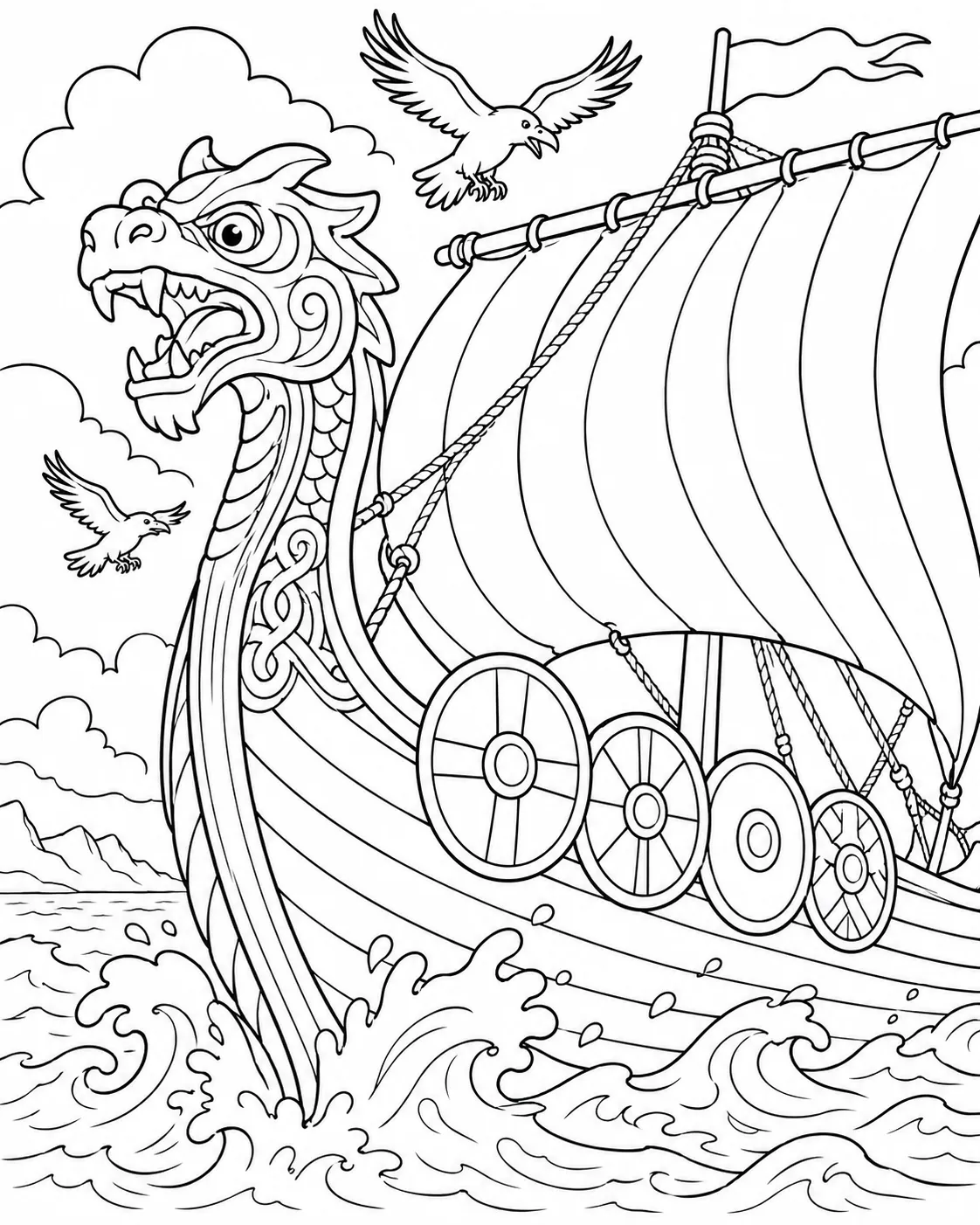 涂色页：维京长船壮观的龙首船头劈开北海波浪