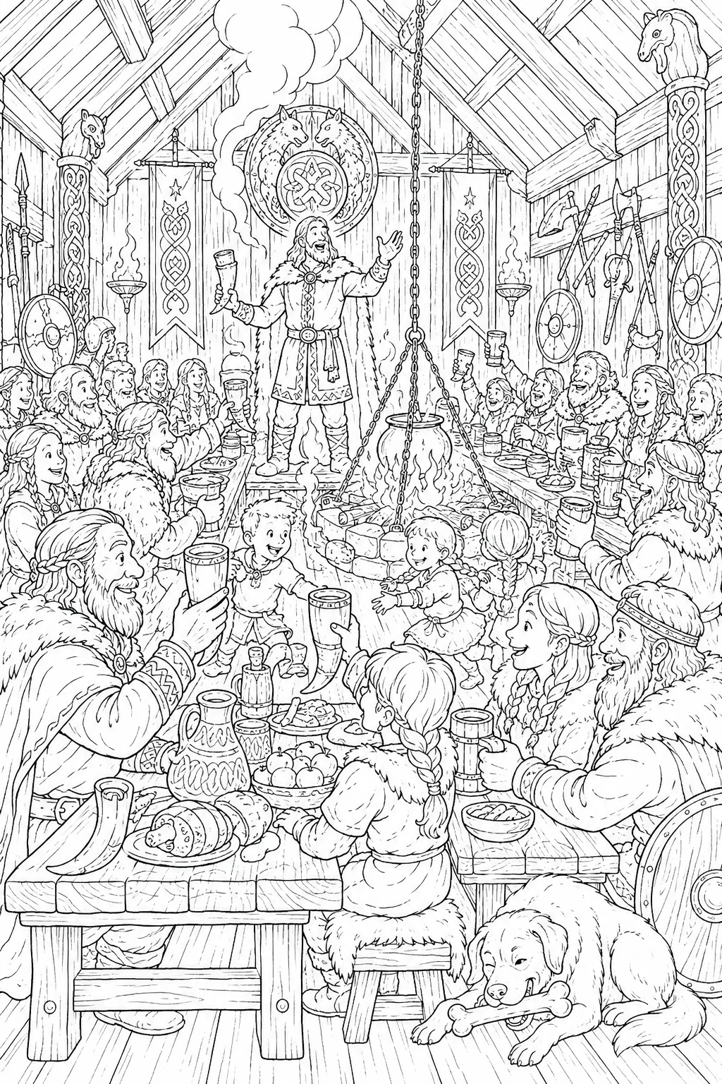 Ausmalbild: Volle Wikinger-Meadhall beim Fest mit Kriegern, Met und einem singenden Skalden
