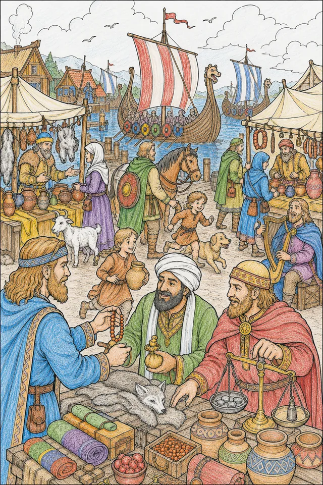 Ausmalbild: Detailreiche Seitenansicht eines Wikinger-Langschiffs mit allen Schiffsteilen beschriftet