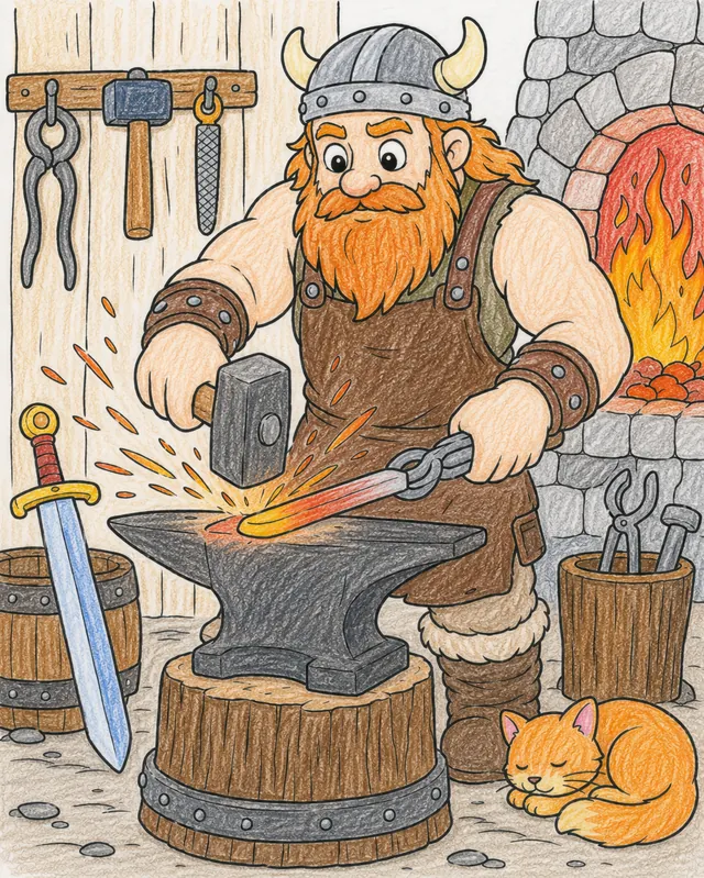 Ausmalbild: Wikinger-Schmied schlägt mit einem Hammer auf ein glühendes Stück Metall am Amboss