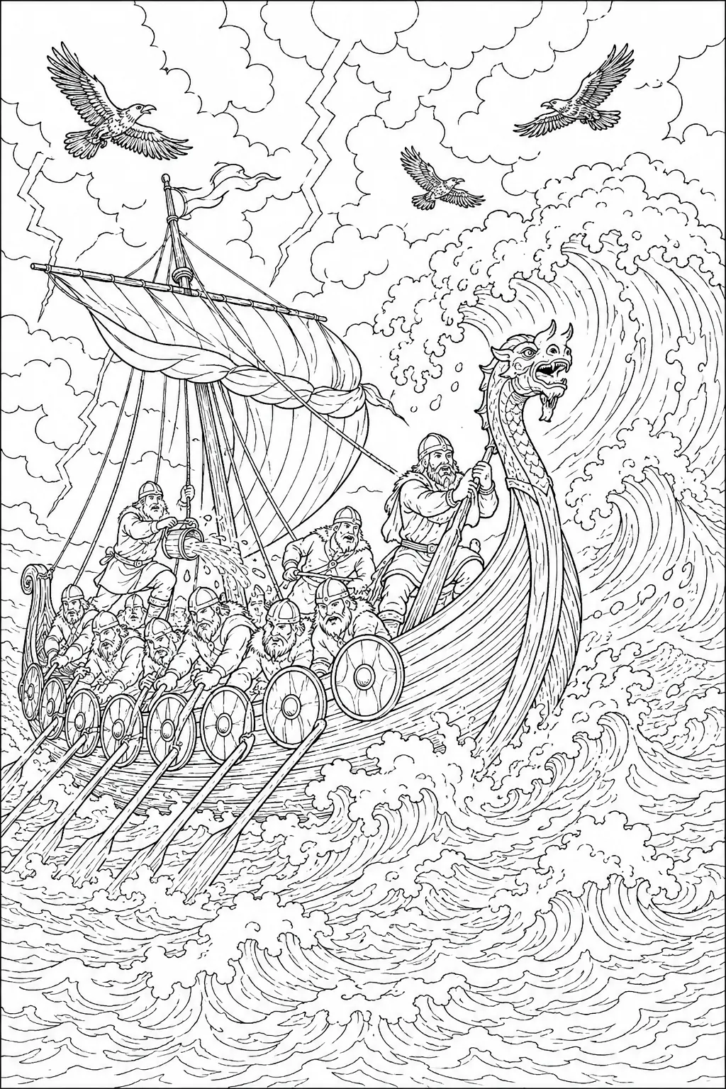 Ausmalbild: Wikinger-Langschiff kämpft heroisch gegen riesige Wellen im Nordsee-Sturm