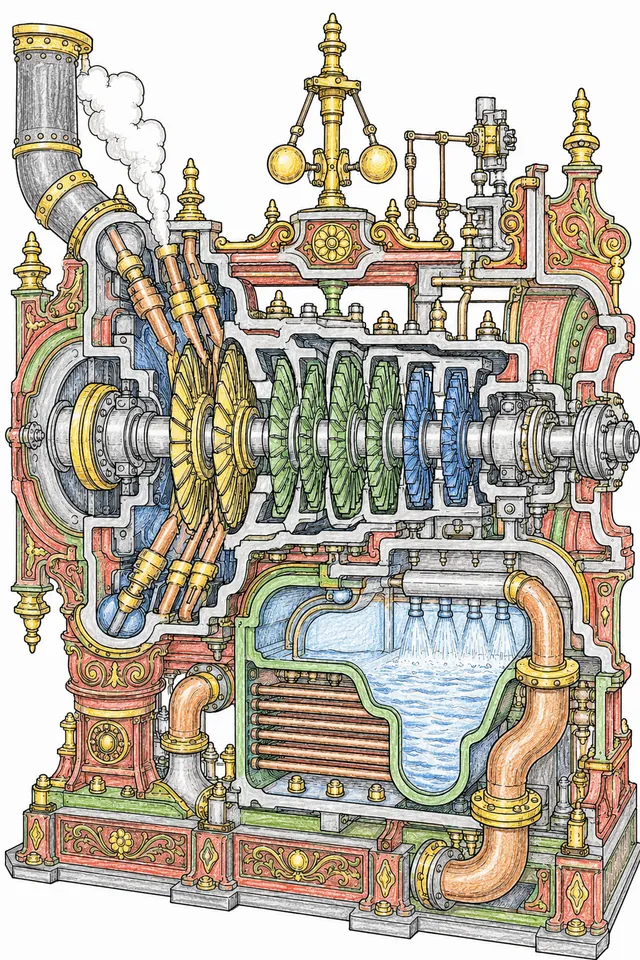 Ausmalseite: Detaillierter Querschnitt einer viktorianischen Dampfturbine mit Turbinenschaufeln