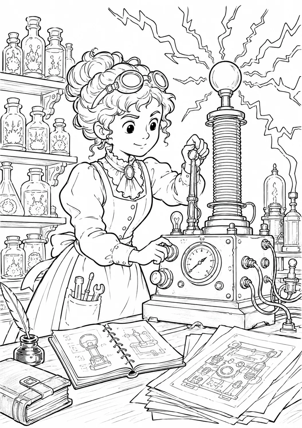 Coloring page: Victorian female inventor in dress and apron adjusting electric coil with sparks, chemical shelves and blueprints in background