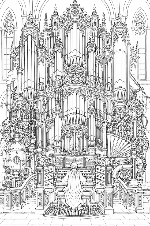 Riesige viktorianische Orgel mit Steampunk-Mechanismus