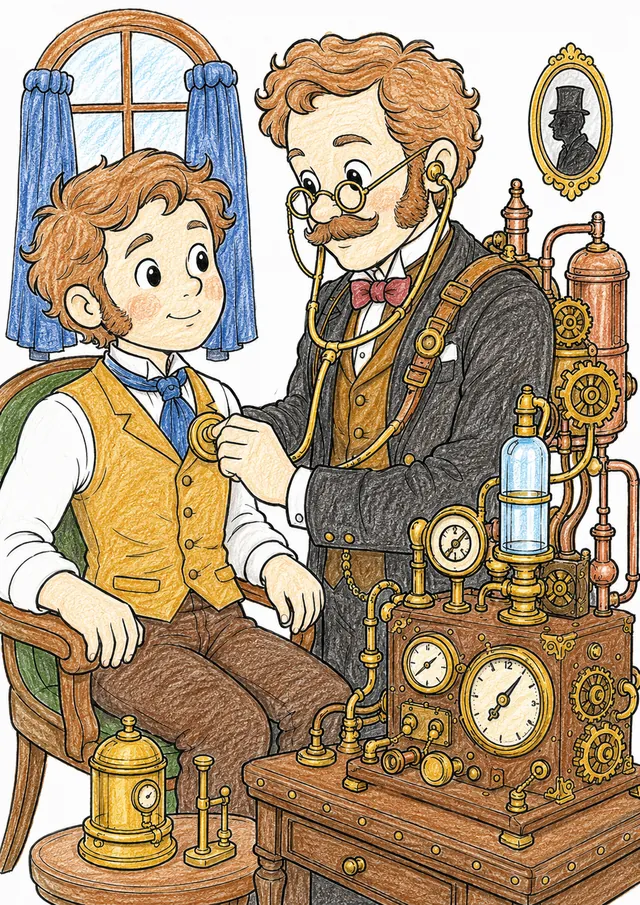 Ausmalseite: Viktorianischer Arzt verwendet ein mechanisches Steampunk-Diagnosegerät bei einer Untersuchung