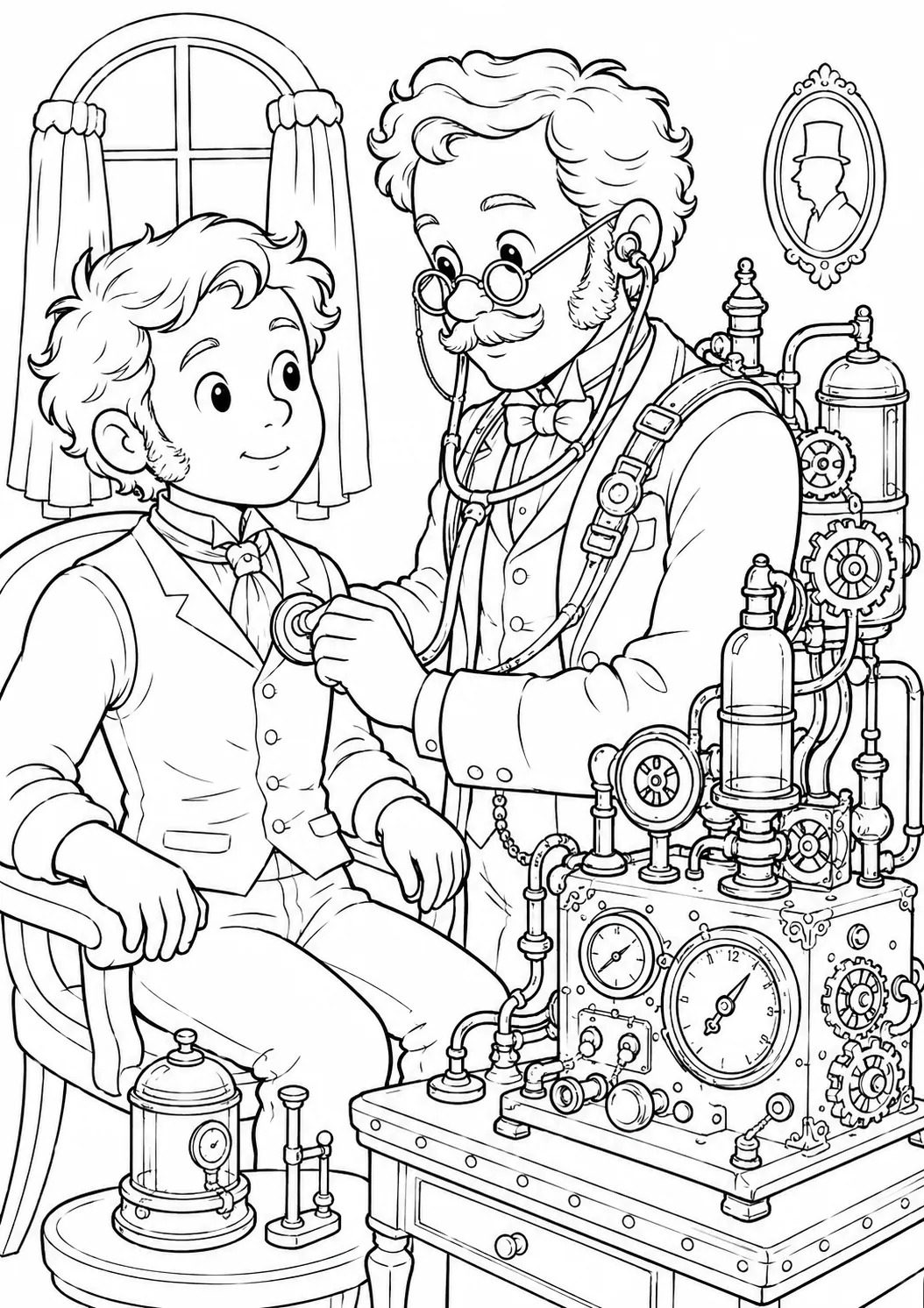Ausmalseite: Viktorianischer Arzt verwendet ein mechanisches Steampunk-Diagnosegerät bei einer Untersuchung