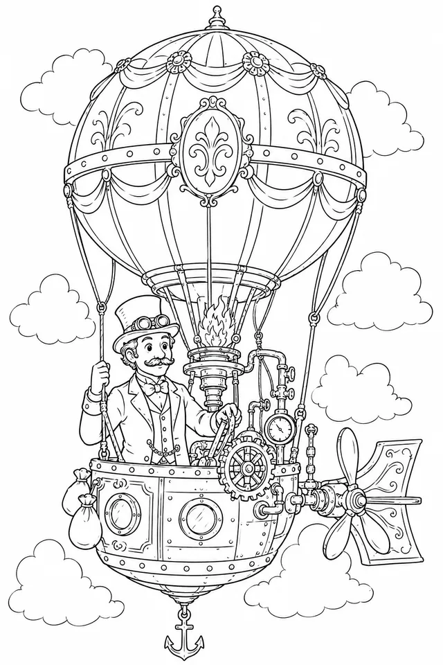 Viktorianischer Ballonfahrer im Steampunk-Heißluftballon