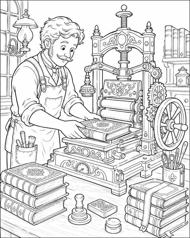 Viktorianischer Buchbinder an der mechanischen Buchpresse