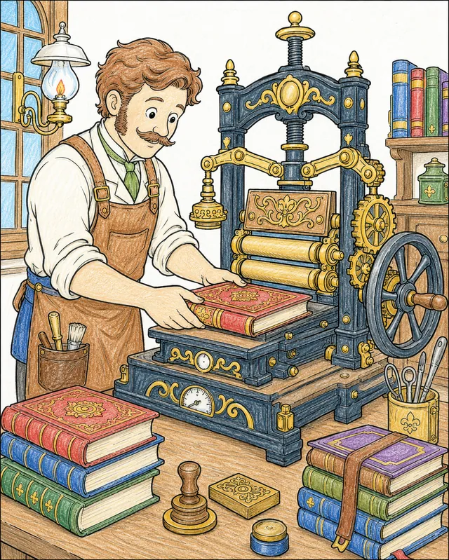 Ausmalseite: Viktorianischer Buchbinder bedient eine ornamentale mechanische Buchpresse mit Messingbeschlägen