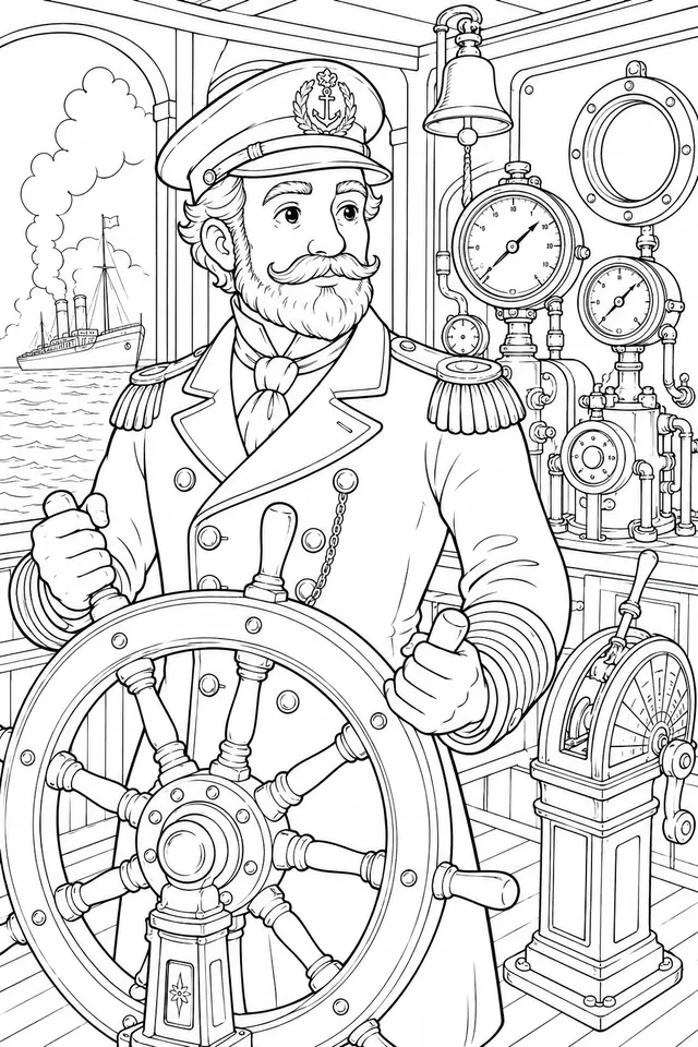 Viktorianischer Dampfschiff-Kapitän am Steuerrad