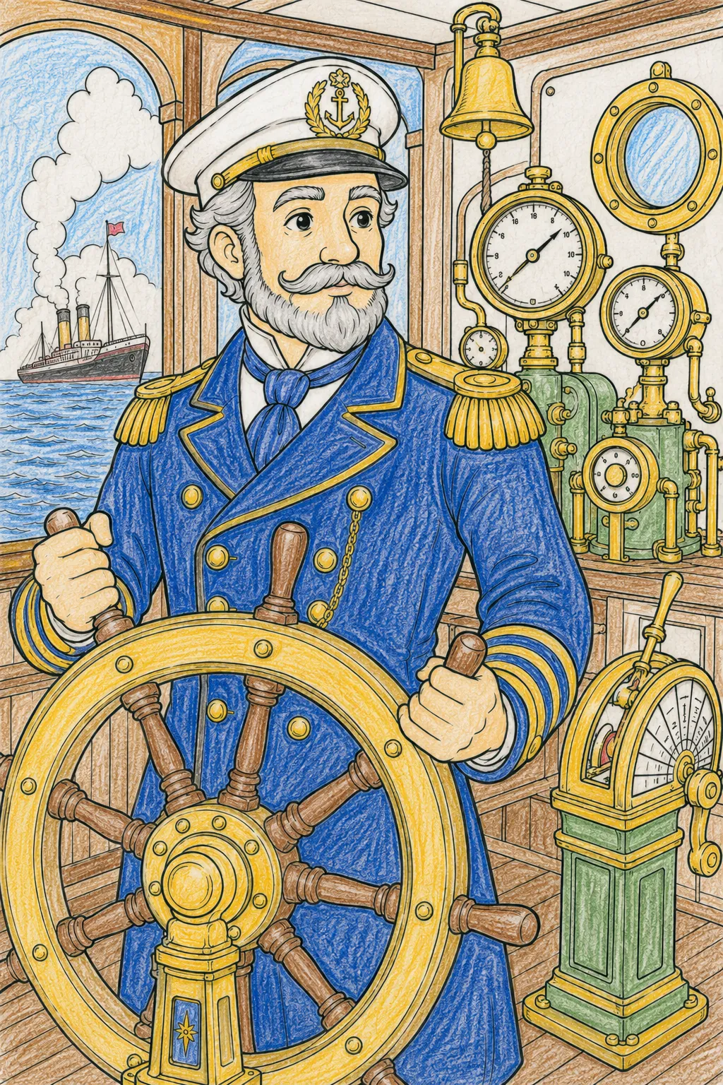 Viktorianischer Dampfschiff-Kapitän am Steuerrad