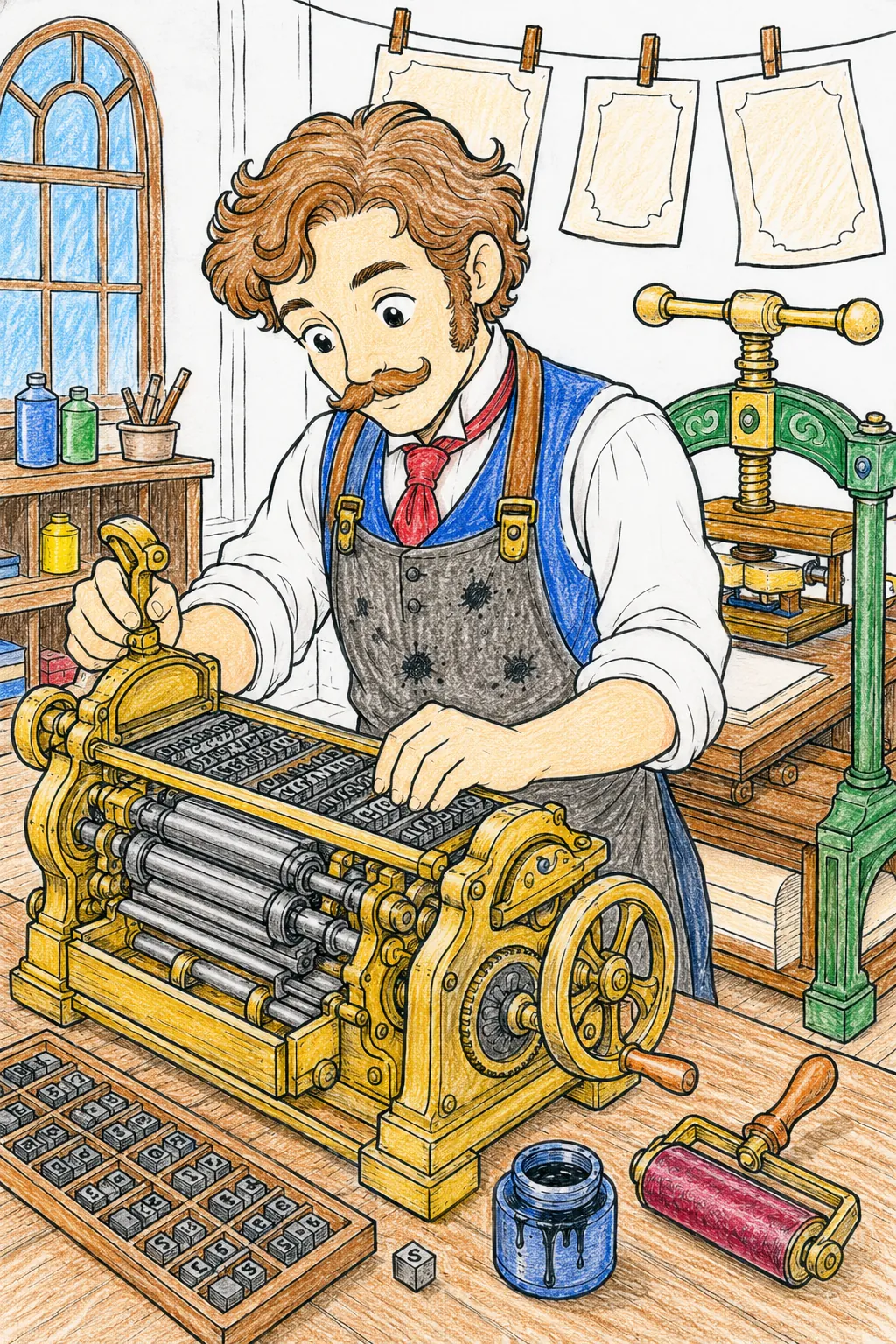 Viktorianischer Drucker an der Setzmaschine