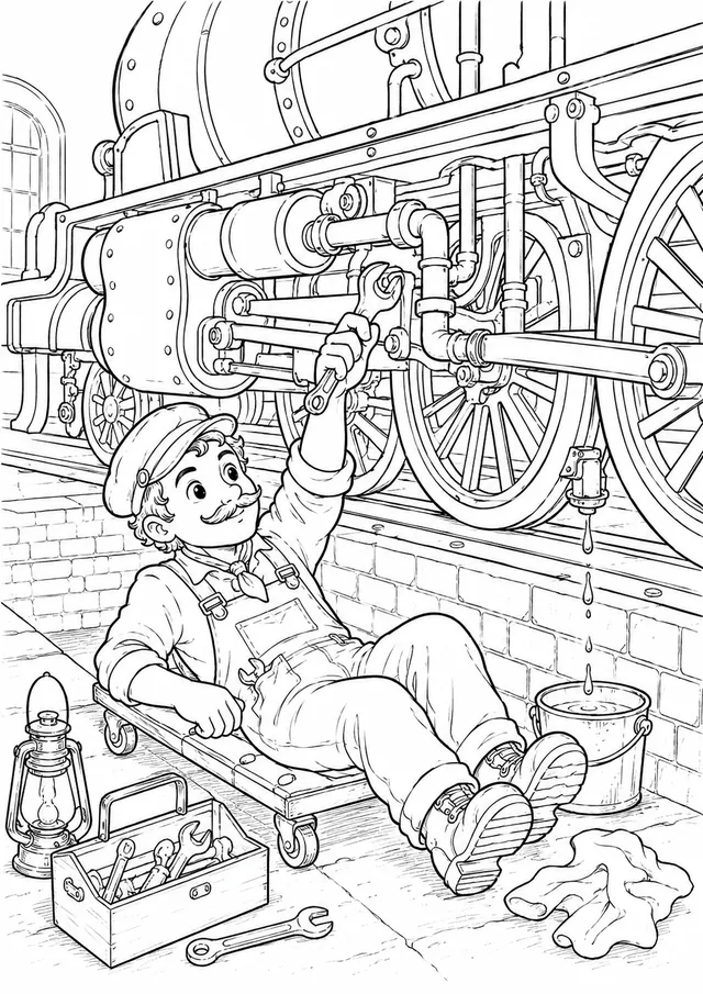 Viktorianischer Ingenieur repariert Dampflokomotive
