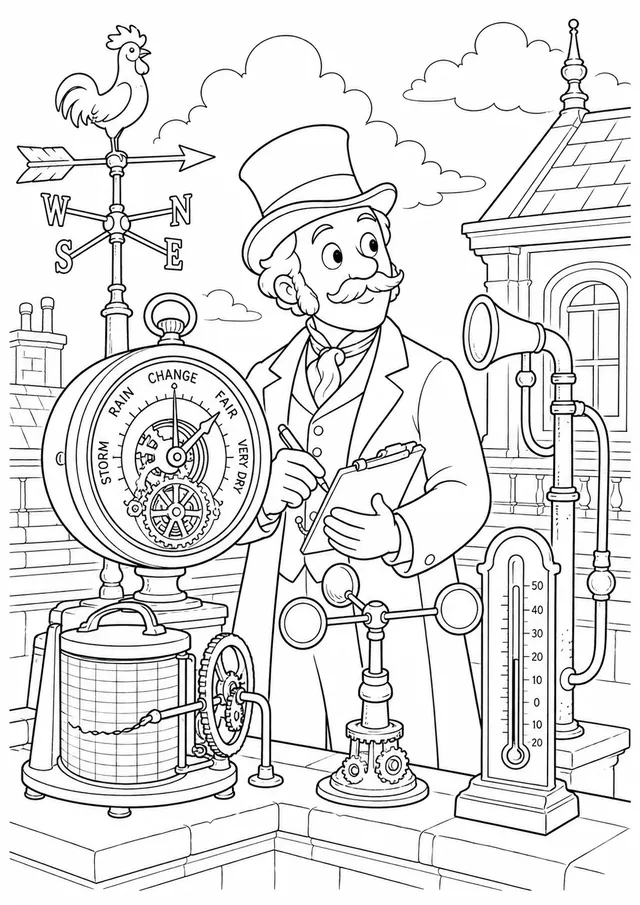 Viktorianischer Meteorologe mit Steampunk-Messinstrumenten