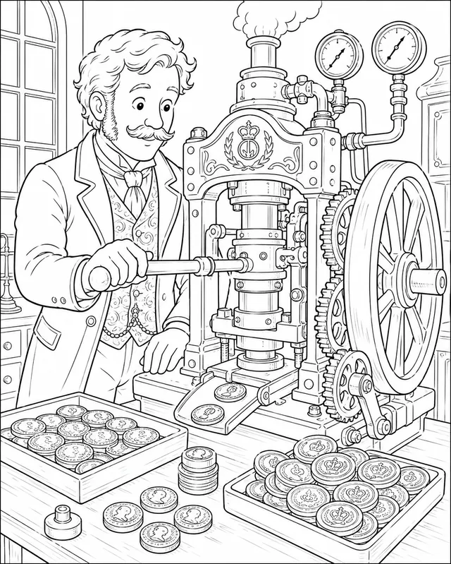 Viktorianischer Münzmeister an der mechanischen Münzpresse