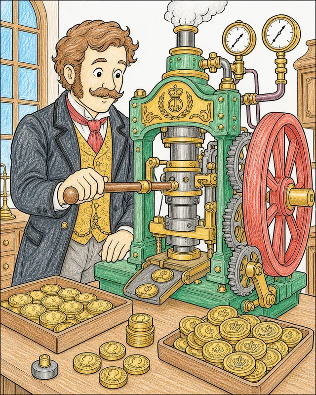 Ausmalseite: Viktorianischer Münzmeister bedient eine dampfbetriebene mechanische Münzpresse mit Schwungrad