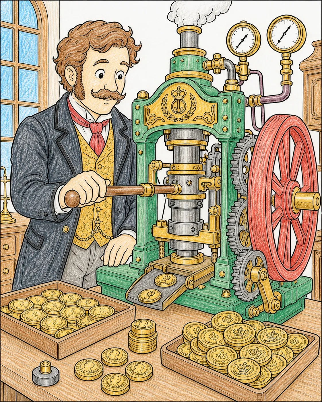 Viktorianischer Münzmeister an der mechanischen Münzpresse