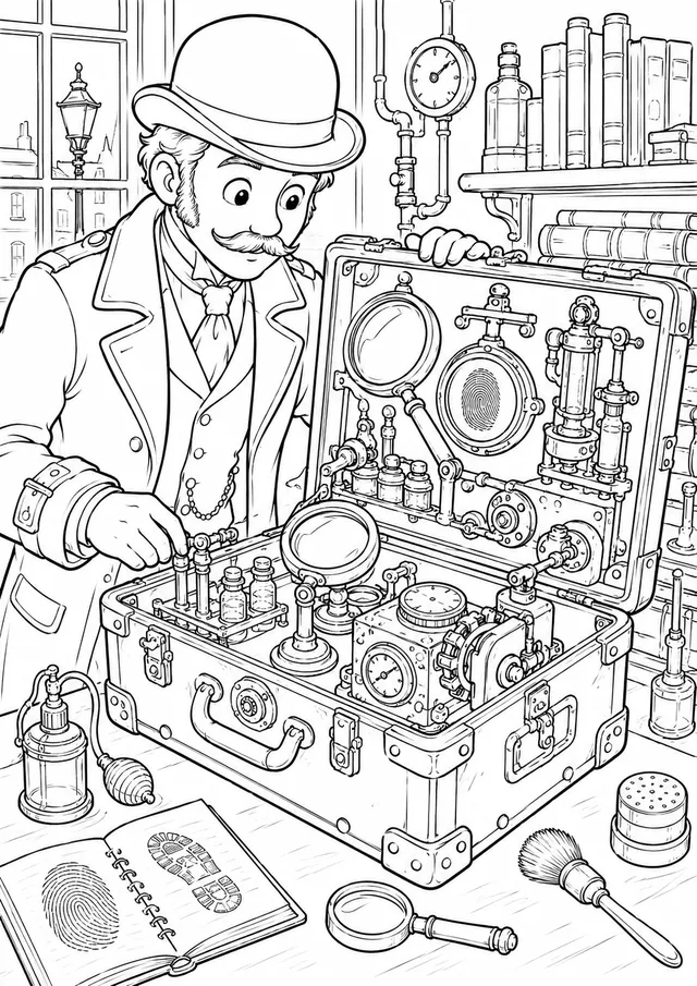 Viktorianischer Detektiv mit Steampunk-Spurensicherungskoffer