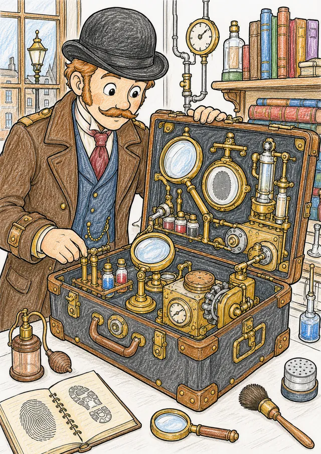 Ausmalseite: Viktorianischer Detektiv öffnet einen Steampunk-Spurensicherungskoffer mit Analysegeräten
