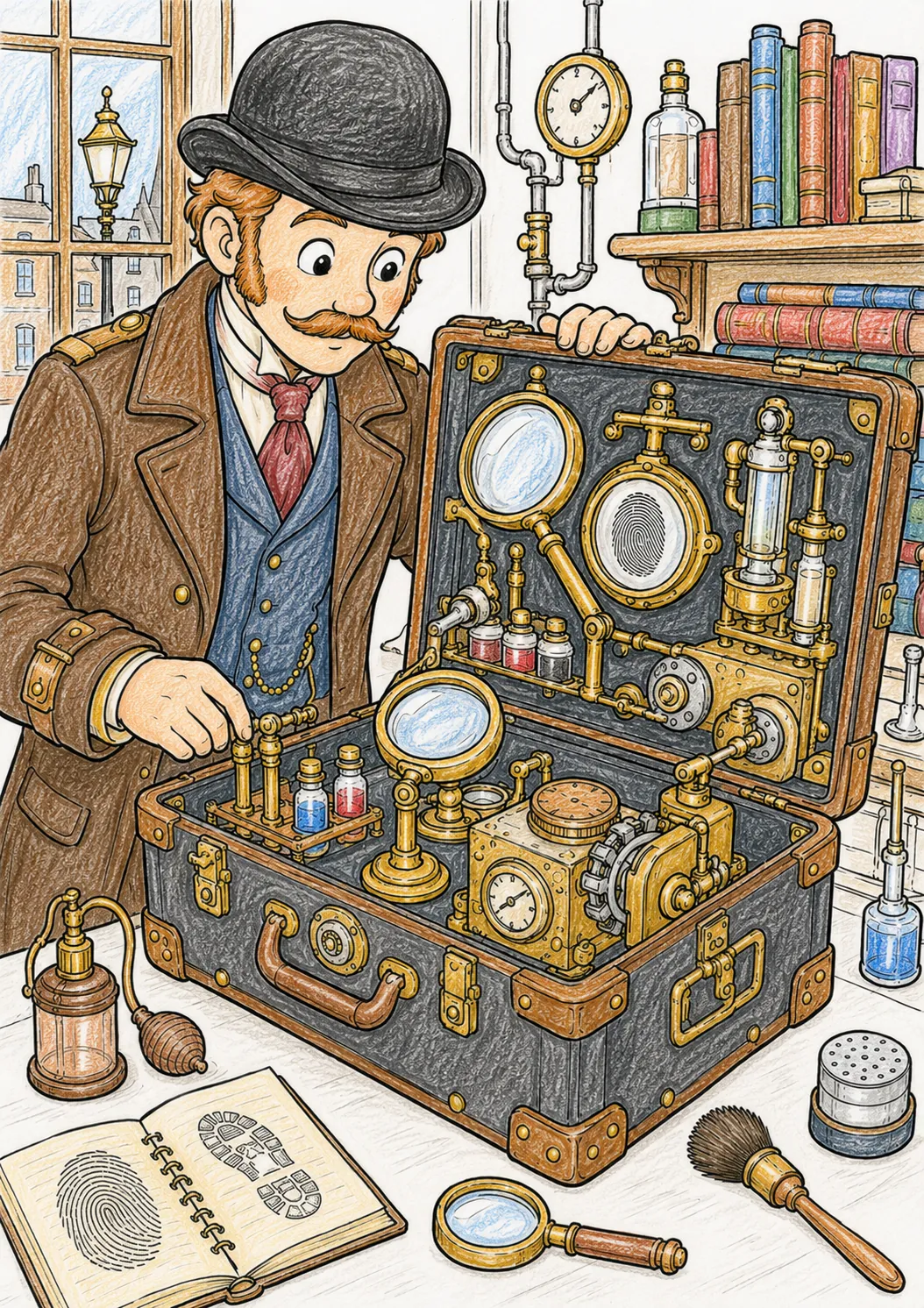 Viktorianischer Detektiv mit Steampunk-Spurensicherungskoffer