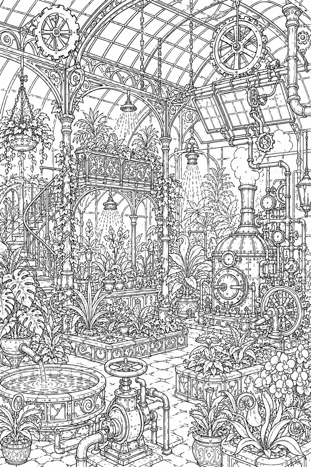 Ausmalseite: Viktorianisches Steampunk-Glasgewächshaus mit mechanischen Bewässerungsrohren und Zahnrädern