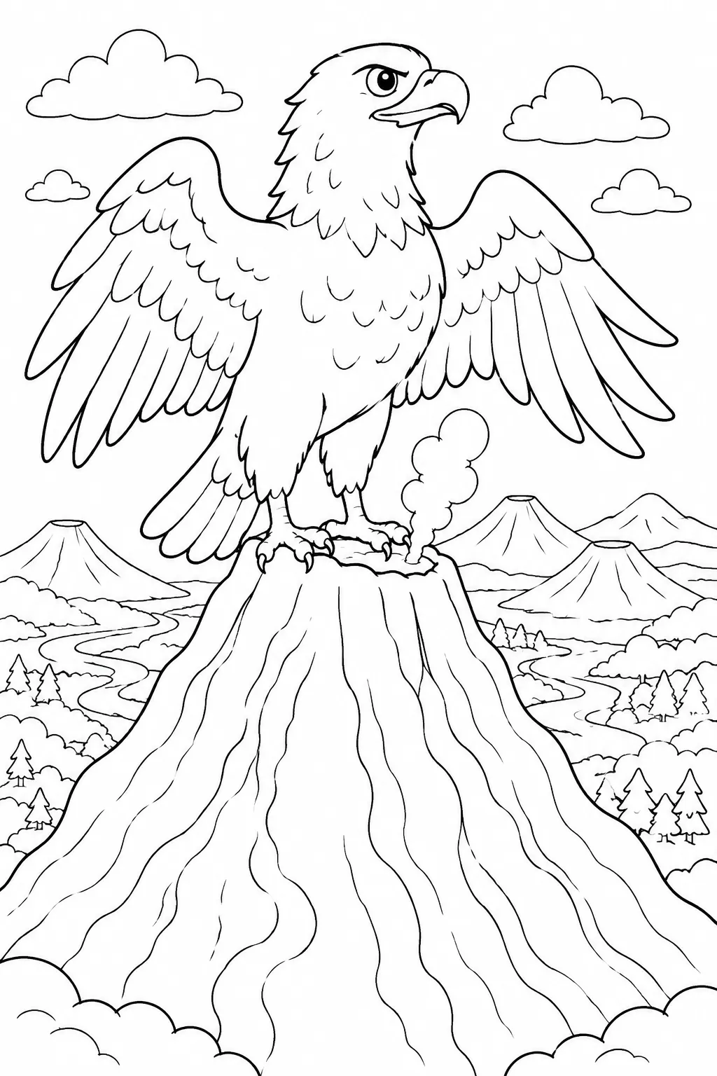 Ausmalbild: Adler thront auf der Spitze eines Vulkankegels mit weitem Ausblick über Vulkanlandschaft