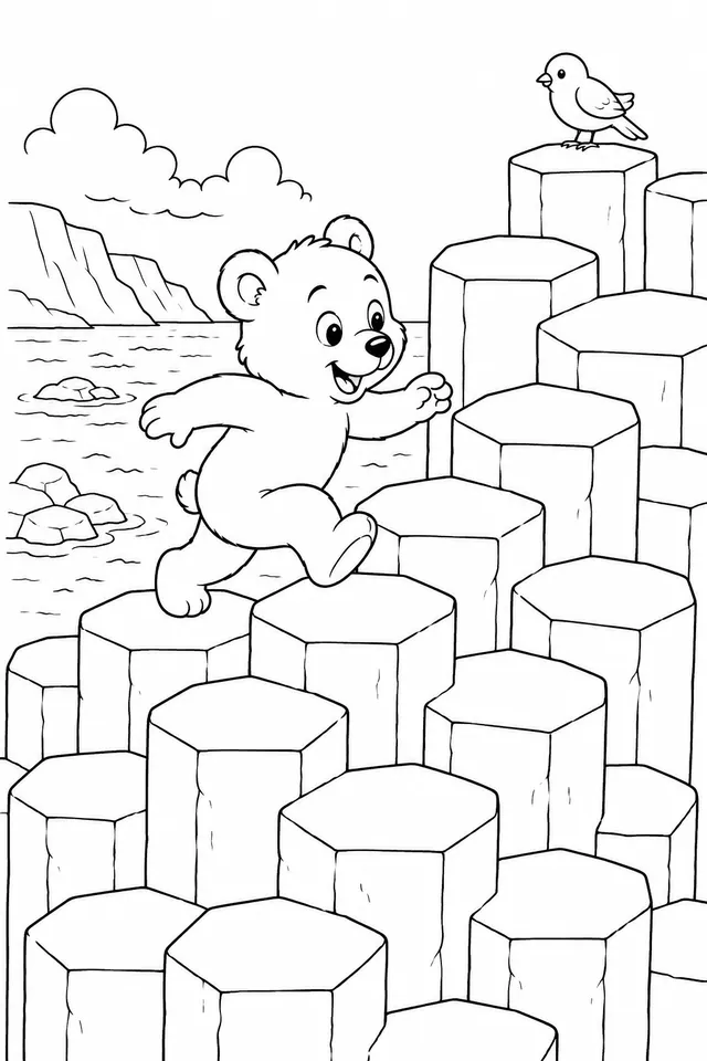 Niño escalando escalera de columnas de basalto
