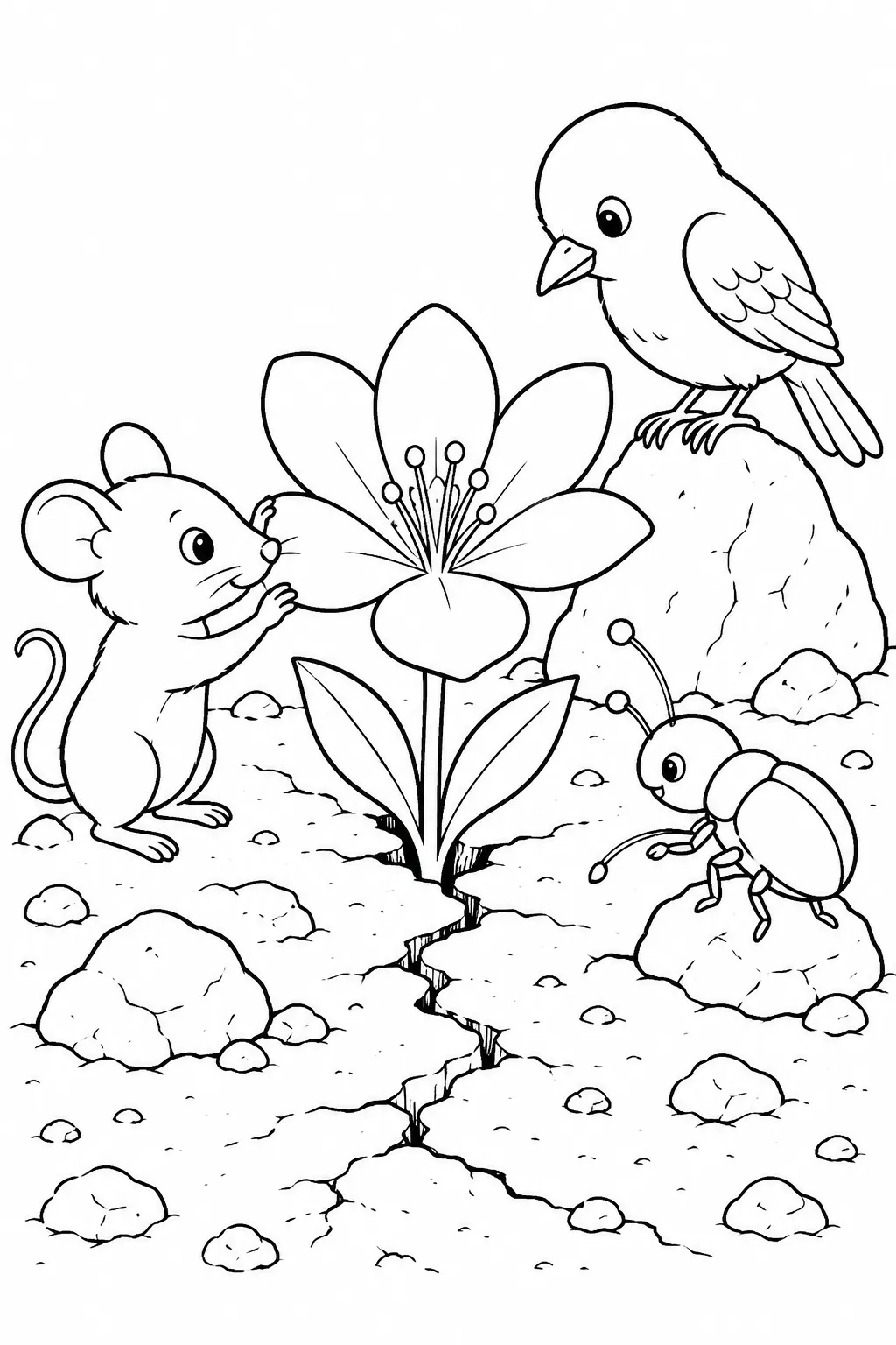 Ausmalbild: Einzige Blume in leuchtend-rotem Lava-Orange blüht im grauen Aschefeld, staunende Tiere rundherum