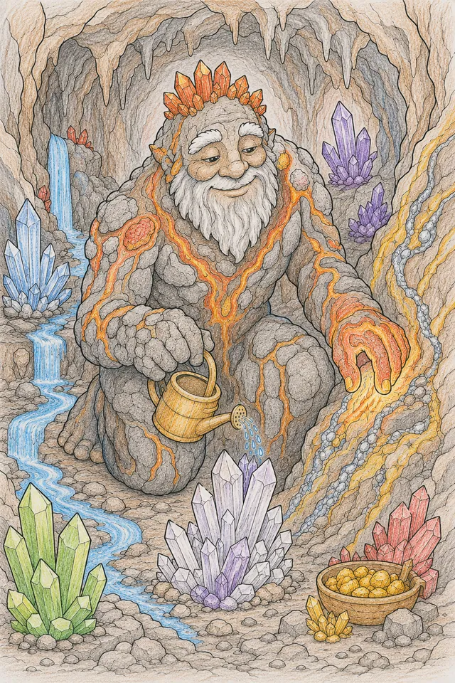 涂色页：石头和熔岩构成的强大大地精灵在山洞中照料巨大晶体