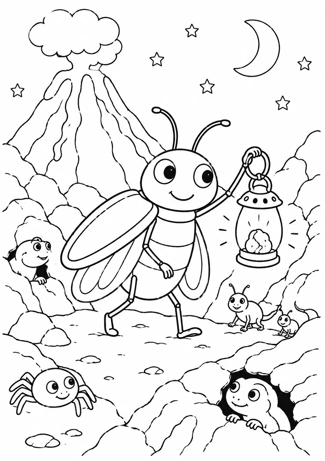 涂色页：发光的火甲虫在黑暗的火山夜晚提着橙色余烬灯笼
