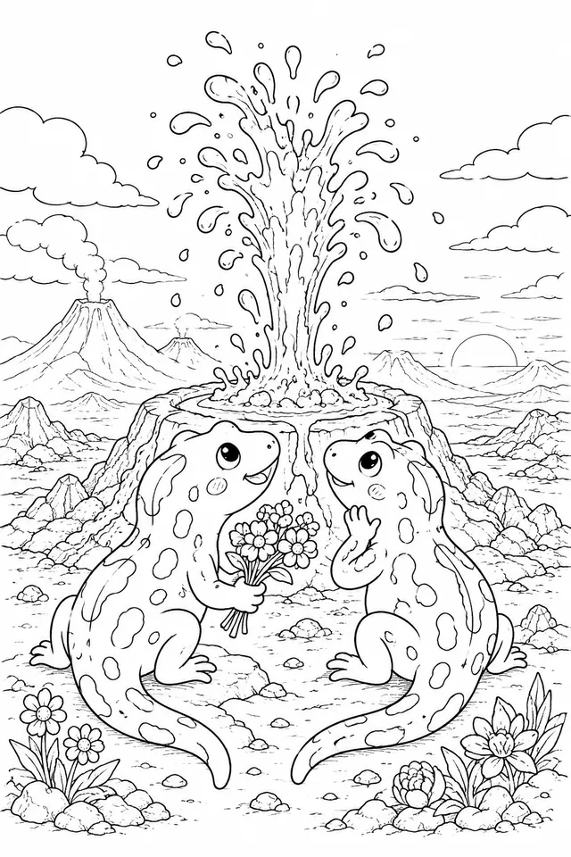 一对火蝾螈在熔岩喷泉旁