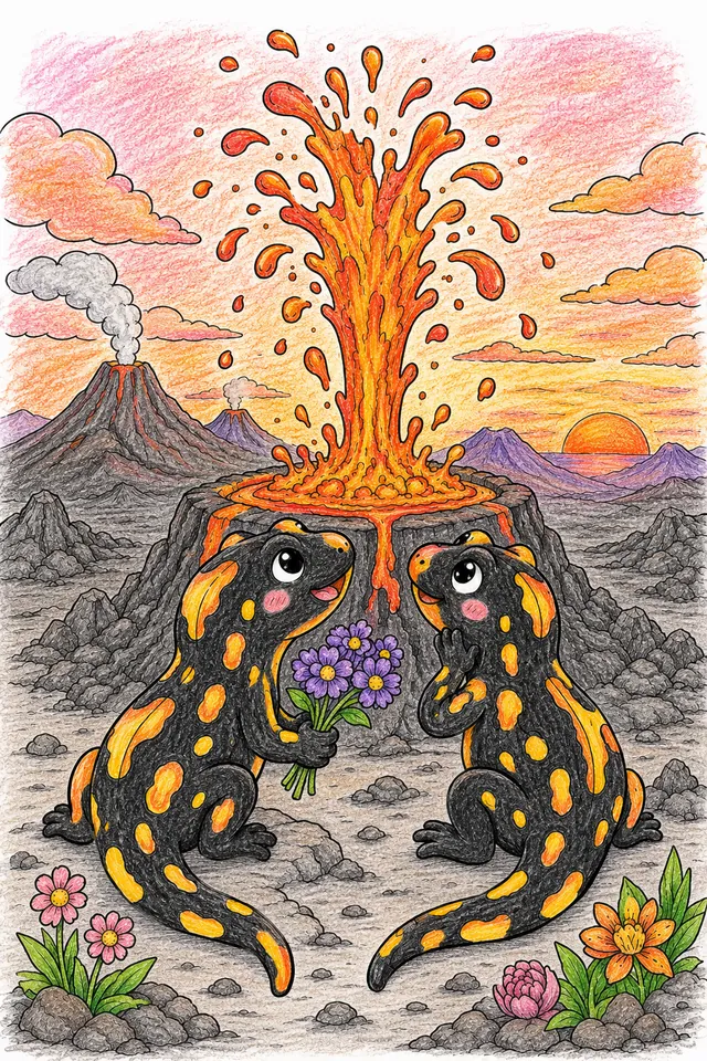 Feuersalamander-Paar bei Lavafontäne – So könnte es aussehen