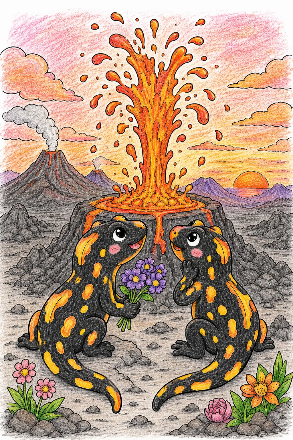 Feuersalamander-Paar bei Lavafontäne