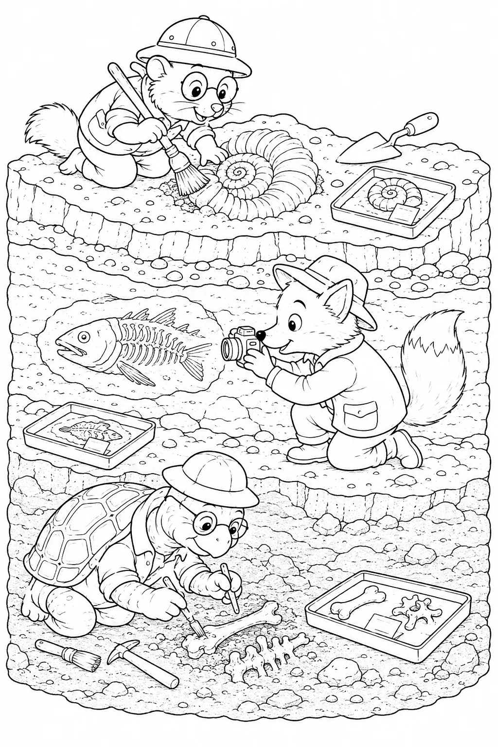 涂色页：动物古生物学家从不同时代的横截面岩石中发掘化石