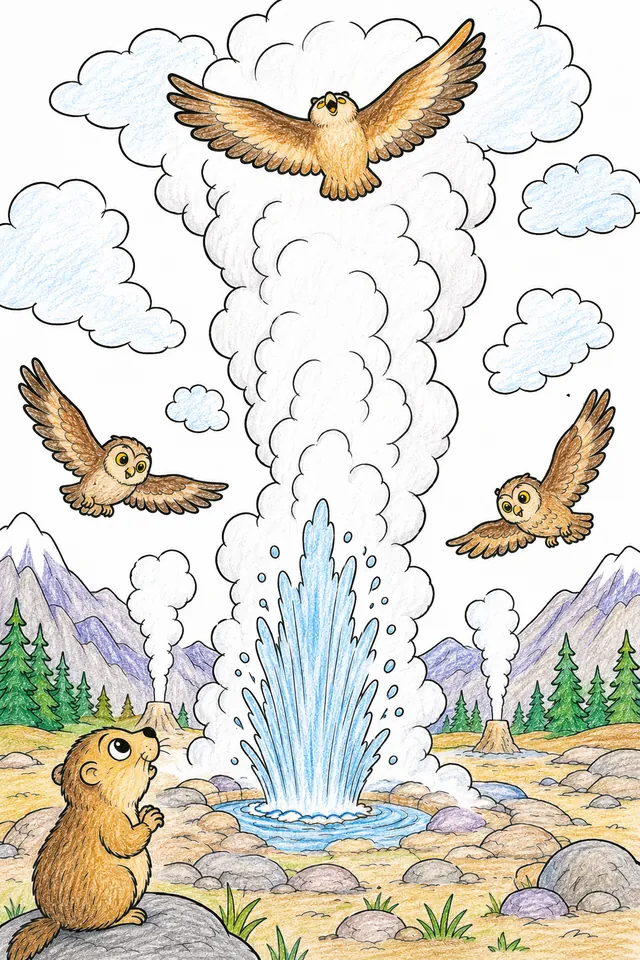 Ausmalbild: Eule mit weit gespreizten Flügeln reitet hoch oben auf einer Geysir-Dampfsäule
