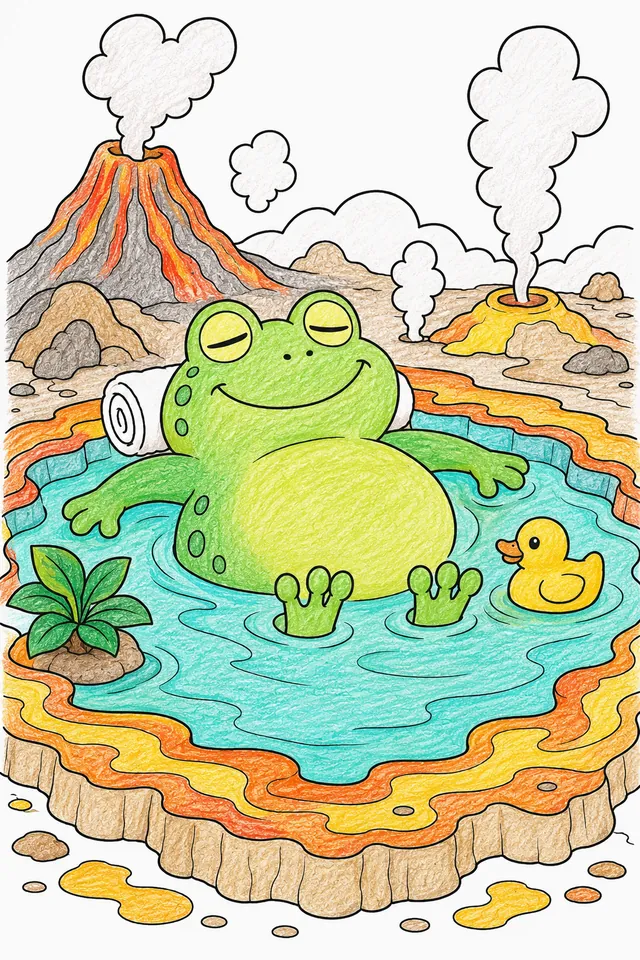 温泉青蛙舒适地沐浴 – 涂色效果预览