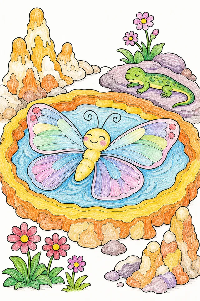 Ausmalbild: Durchscheinender Schmetterling mit mineralfarbenen Flügeln badet in einem warmen Thermalpool