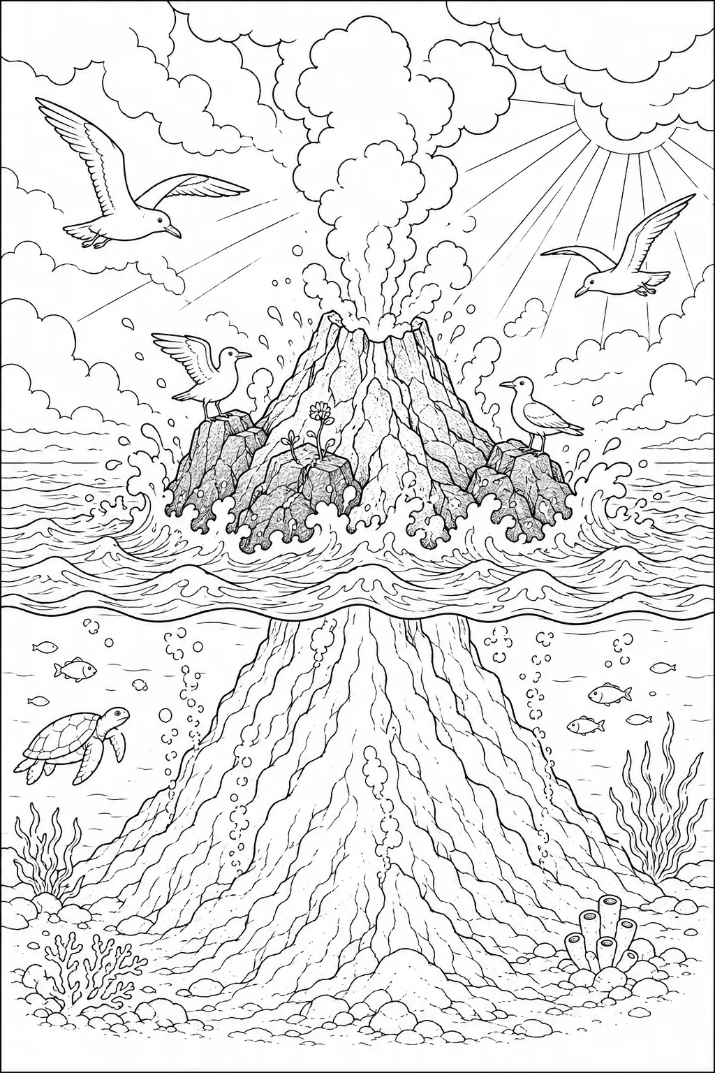 Ausmalbild: Neue Vulkaninsel bricht zum ersten Mal durch die Meeresoberfläche – mit Unterwasser-Vulkanberg
