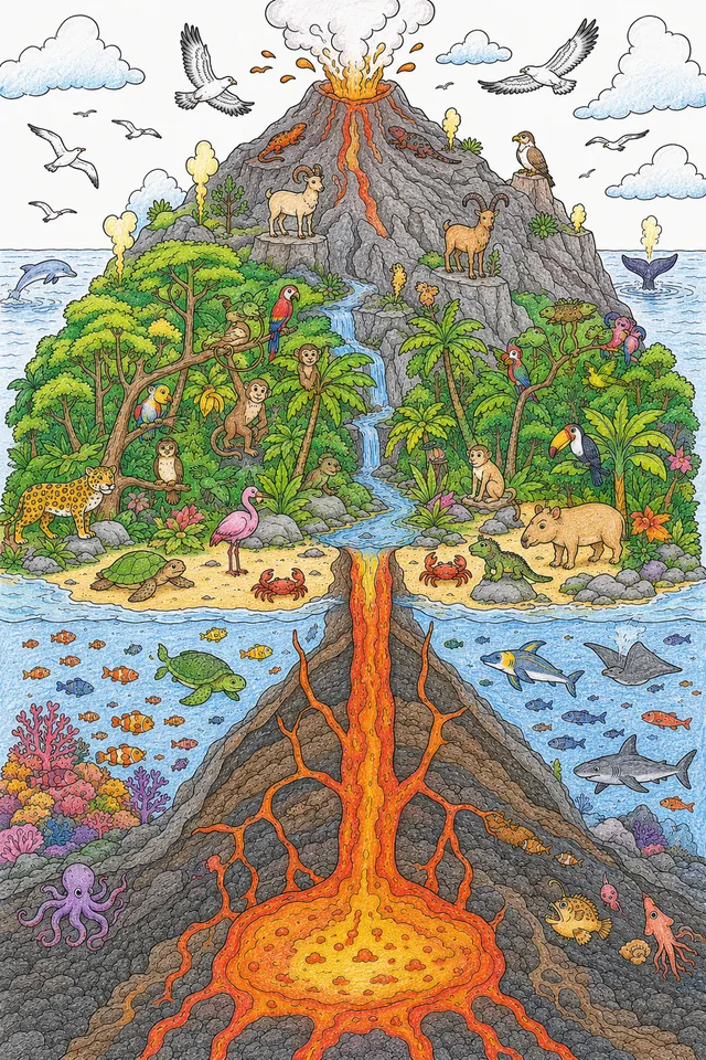 Wimmelbild-Ausmalbild: Vulkaninsel im Querschnitt – Unterwasser, Küste, Dschungel, Berg und Kraterzonen mit Tieren