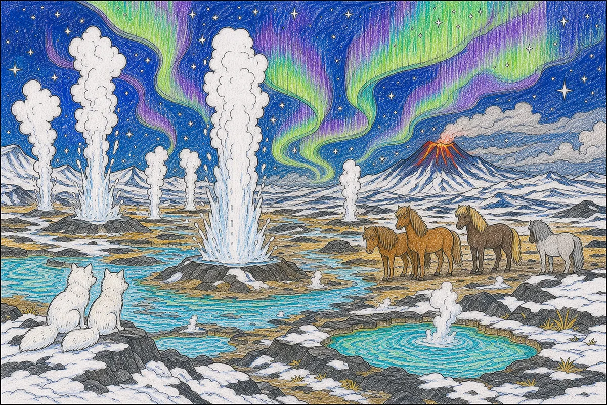 Island-Geysir-Panorama bei Nacht